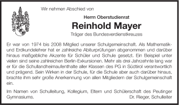 Traueranzeige von Reinhold Mayer von Schwäbische Post