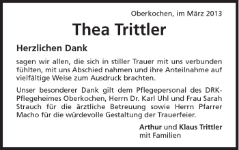 Traueranzeige von Thea Trittler von Schwäbische Post