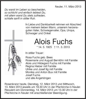 Traueranzeige von Alois Fuchs von Schwäbische Post