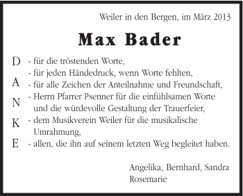 Traueranzeige von Max Bader von Gmünder Tagespost