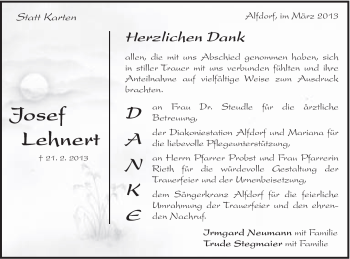 Traueranzeige von Josef Lehnert von Gmünder Tagespost