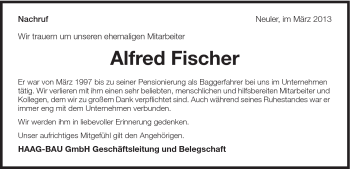 Traueranzeige von Alfred Fischer von Schwäbische Post