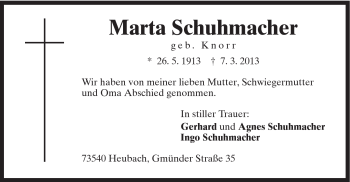Traueranzeige von Marta Schuhmacher von Gmünder Tagespost