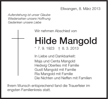 Traueranzeige von Hilde Mangold von Schwäbische Post