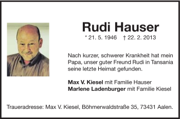Traueranzeige von Rudi Hauser von Schwäbische Post