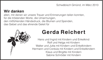 Traueranzeige von Gerda Reichert von Gmünder Tagespost