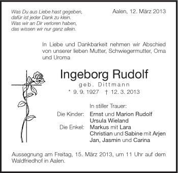 Traueranzeige von Ingeborg Rudolf von Schwäbische Post