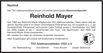 Traueranzeige von Reinhold Mayer von Schwäbische Post