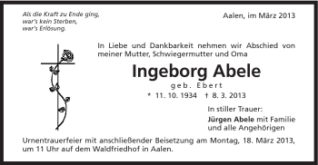 Traueranzeige von Ingeborg Abele von Schwäbische Post