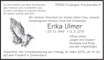 Traueranzeige von Erika Ulmer von Gmünder Tagespost