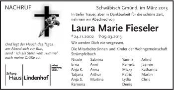 Traueranzeige von Laura Marie Fieseler von Gmünder Tagespost
