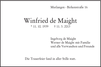 Traueranzeige von Winfried de Maight von Gmünder Tagespost