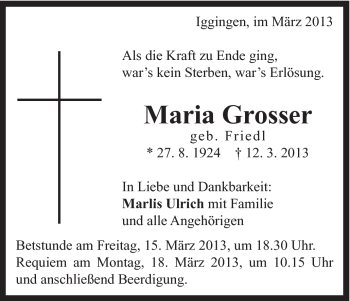 Traueranzeige von Maria Grosser von Gmünder Tagespost
