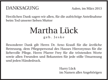 Traueranzeige von Martha Lück von Schwäbische Post