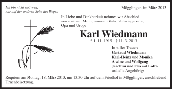 Traueranzeige von Karl Wiedmann von Gmünder Tagespost