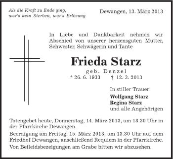 Traueranzeige von Frieda Starz von Schwäbische Post