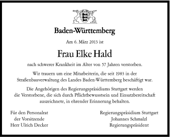 Traueranzeige von Elke Hald von Schwäbische Post