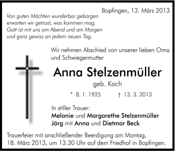 Traueranzeige von Anna Stelzenmüller von Schwäbische Post