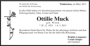 Traueranzeige von Ottilie Muck von Gmünder Tagespost