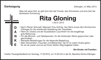Traueranzeige von Rita Gloning von Schwäbische Post