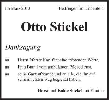 Traueranzeige von Otto Stickel von Gmünder Tagespost