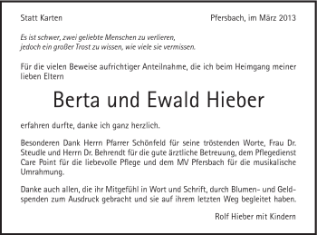 Traueranzeige von Berta und Ewald Hieber von Gmünder Tagespost