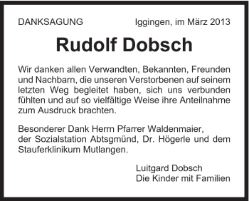 Traueranzeige von Rudolf Dobsch von Gmünder Tagespost