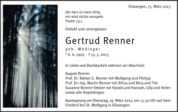 Traueranzeige von Gertrud Renner von Schwäbische Post