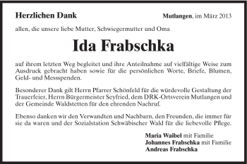 Traueranzeige von Ida Frabschka von Gmünder Tagespost
