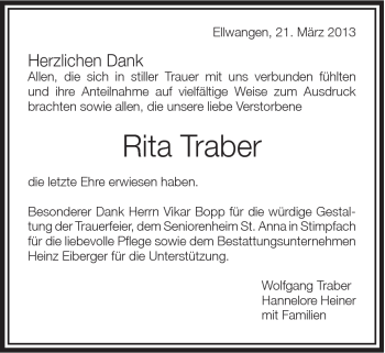 Traueranzeige von Rita Traber von Schwäbische Post