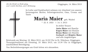 Traueranzeige von Maria Maier von Gmünder Tagespost