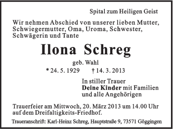 Traueranzeige von Ilona Schreg von Gmünder Tagespost