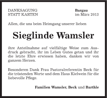Traueranzeige von Sieglinde Wamsler von Gmünder Tagespost