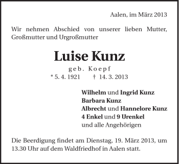 Traueranzeige von Luise Kunz von Schwäbische Post