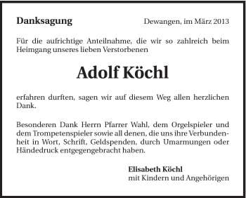 Traueranzeige von Adolf Köchl von Schwäbische Post