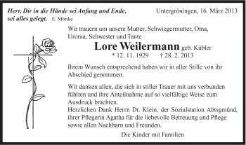 Traueranzeige von Lore Weilermann von Gmünder Tagespost