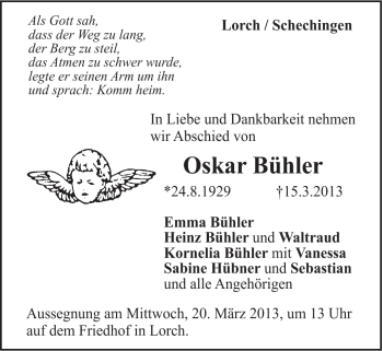 Traueranzeige von Oskar Bühler von Gmünder Tagespost