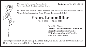 Traueranzeige von Franz Leinmüller von Gmünder Tagespost