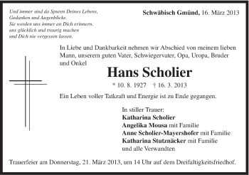 Traueranzeige von Hans Scholier von Gmünder Tagespost