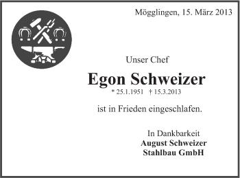 Traueranzeige von Egon Schweizer von 020