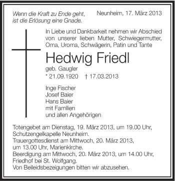 Traueranzeige von Hedwig Friedl von Schwäbische Post