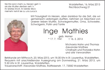 Traueranzeige von Inge Mathies von Gmünder Tagespost