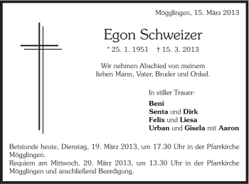 Traueranzeige von Egon Schweizer von 020