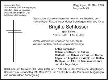 Traueranzeige von Brigitte Schlosser von 020