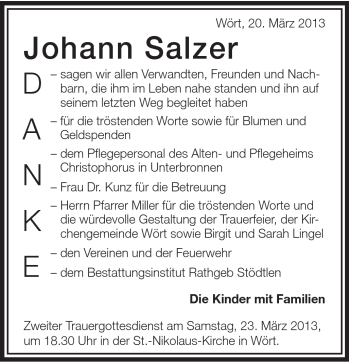 Traueranzeige von Johann Salzer von Schwäbische Post