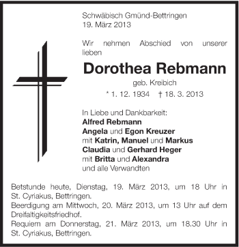 Traueranzeige von Dorothea Rebmann von Gmünder Tagespost