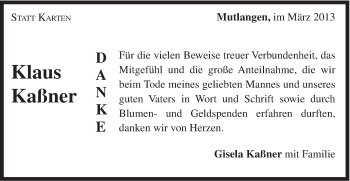 Traueranzeige von Klaus Kaßner von Gmünder Tagespost