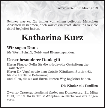 Traueranzeige von Katharina Kurz von Schwäbische Post