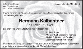 Traueranzeige von Hermann Kalbantner von Gmünder Tagespost