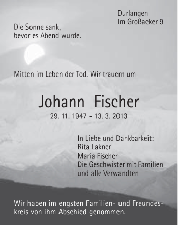 Traueranzeige von Johann Fischer von Gmünder Tagespost